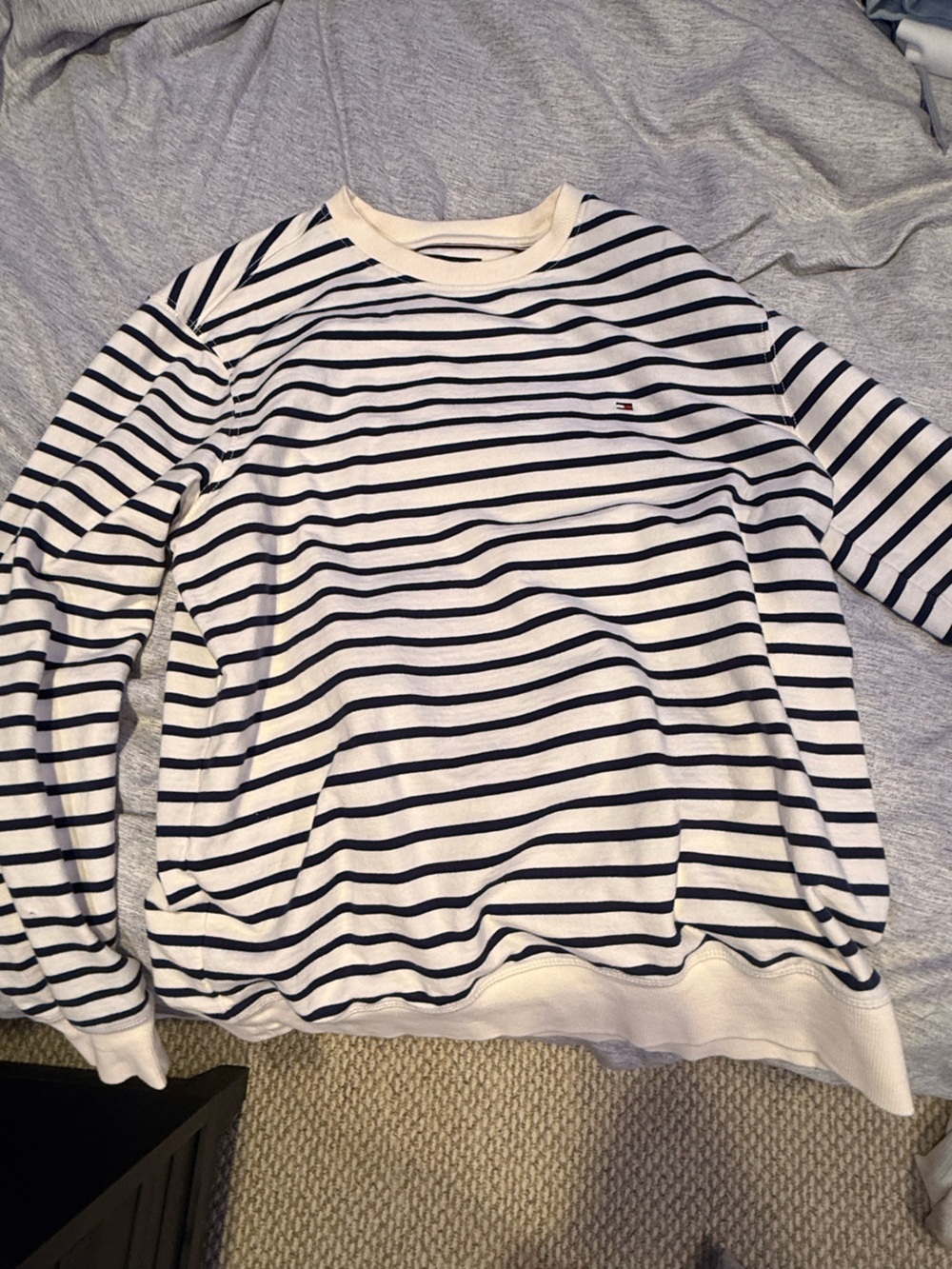 Tommy Hilfiger White Crewneck Sweater with Navy Stripes